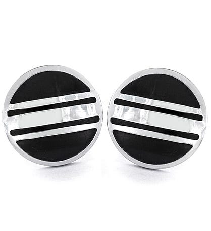 Men's Striped Black And Polished Round Cuff Links